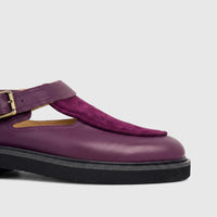 Close-up view of a Bulletti Unisex Majesty Purple leather and suede chunky sole sandal, showcasing its detailed buckle strap