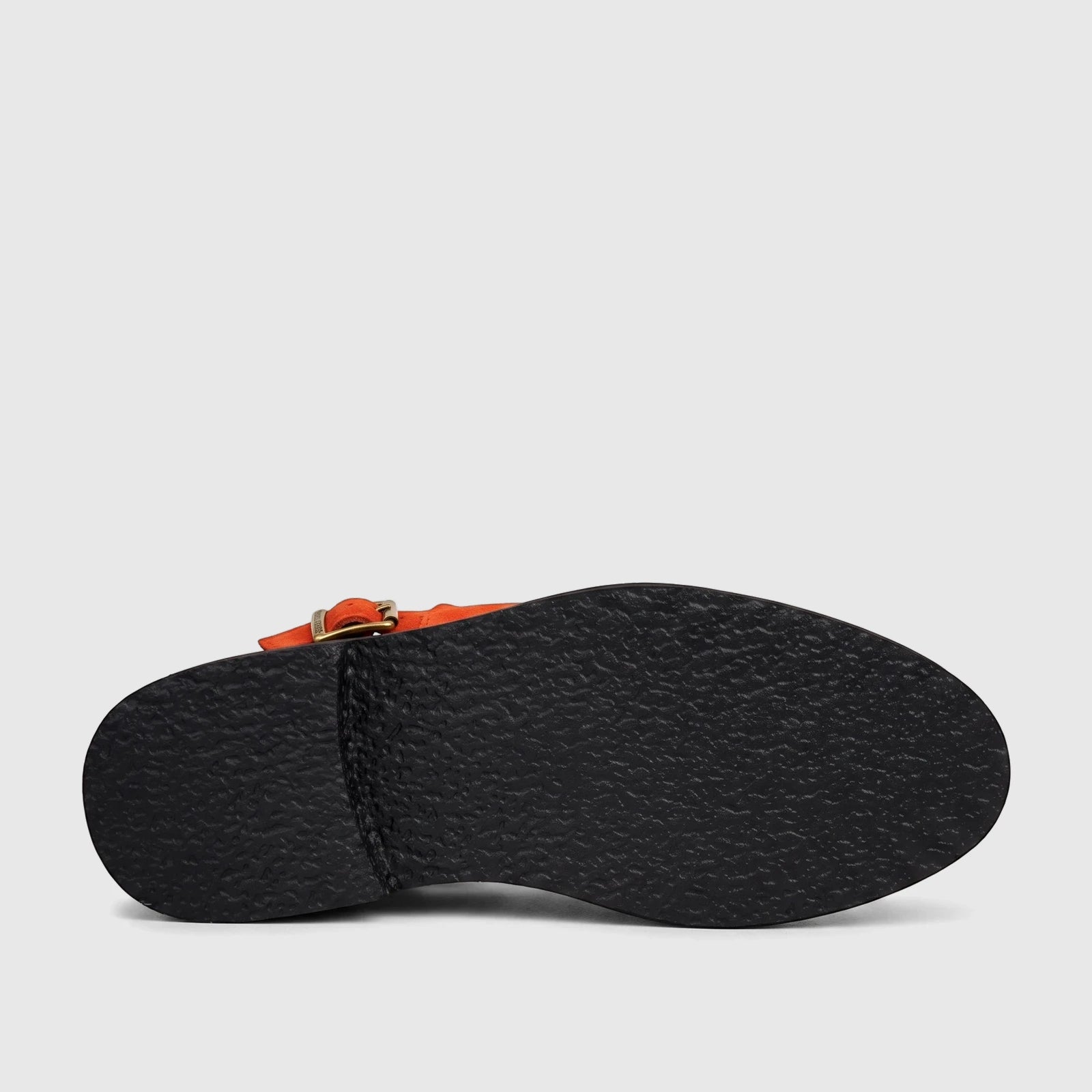 Bulletti Unisex Majesty Orange Suede Sandal with chunky black sole, viewed from the bottom.