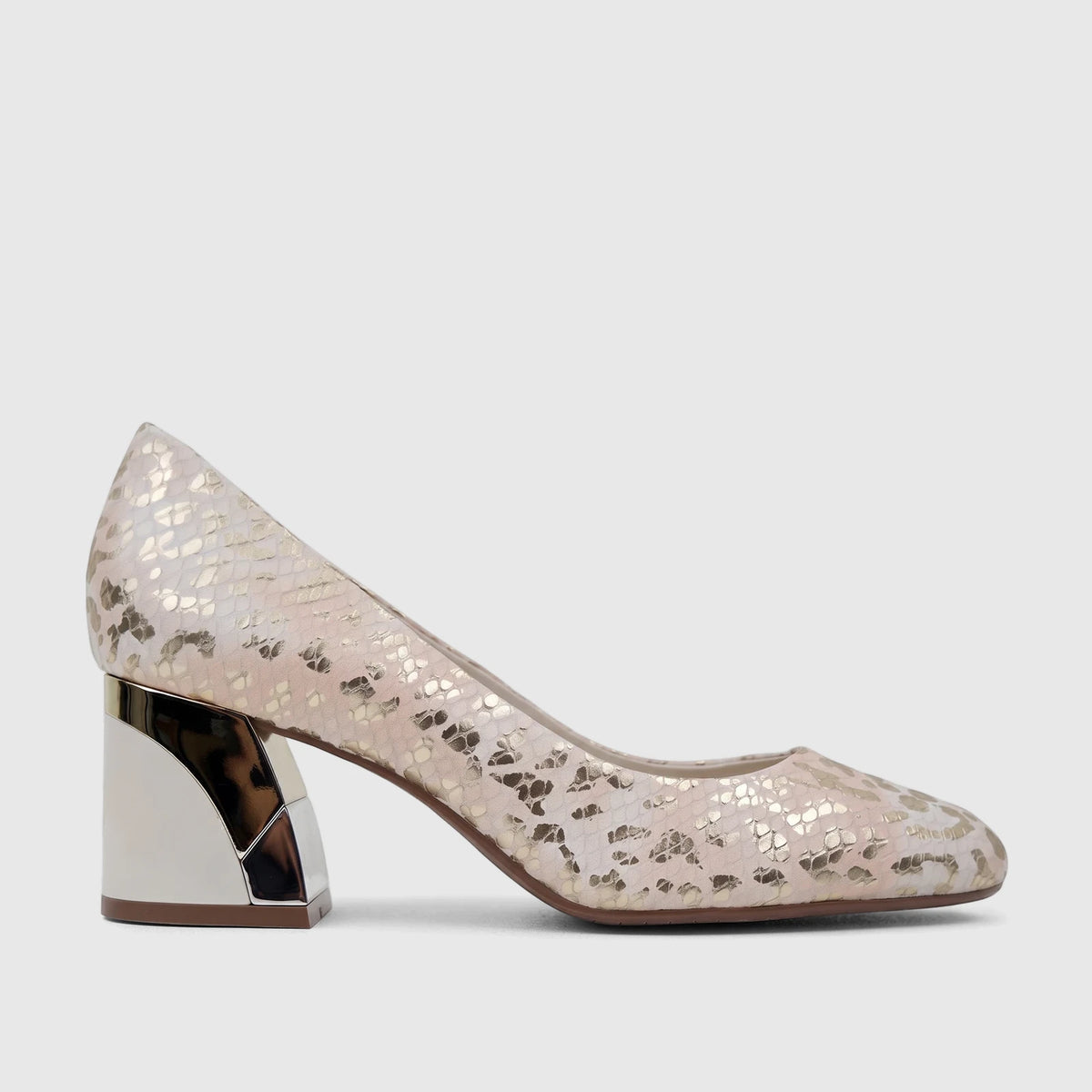 Capelli Rossi 9912 Nude with Gold CR86 leather ladies block heel court shoe, side view.