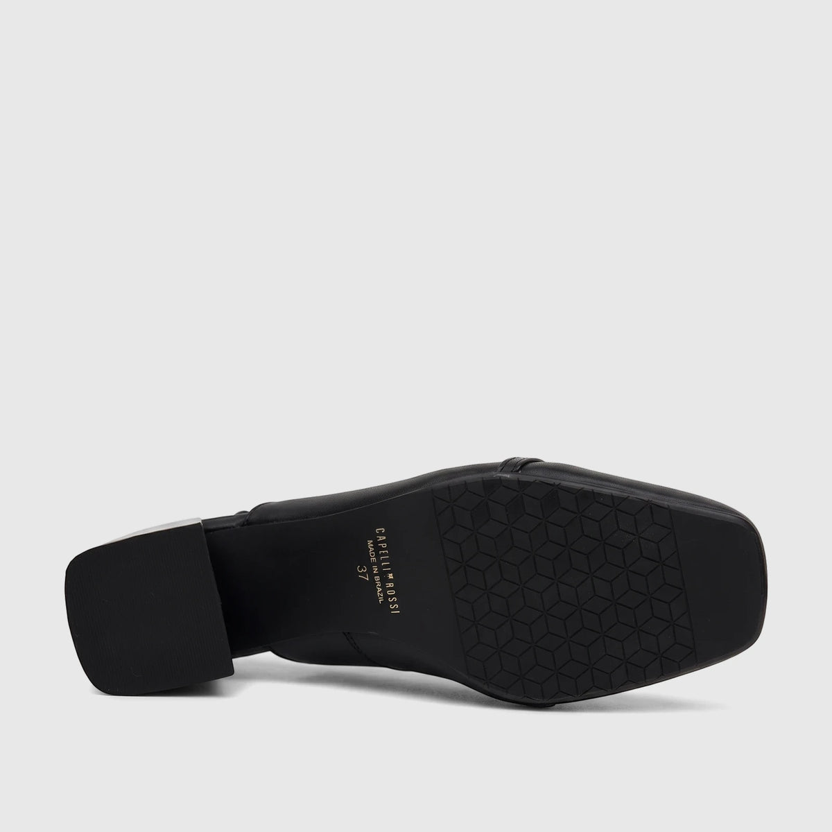 View of the black Capelli Rossi block heel court shoe sole, displaying brand name, size 37, and a geometric traction pattern.
