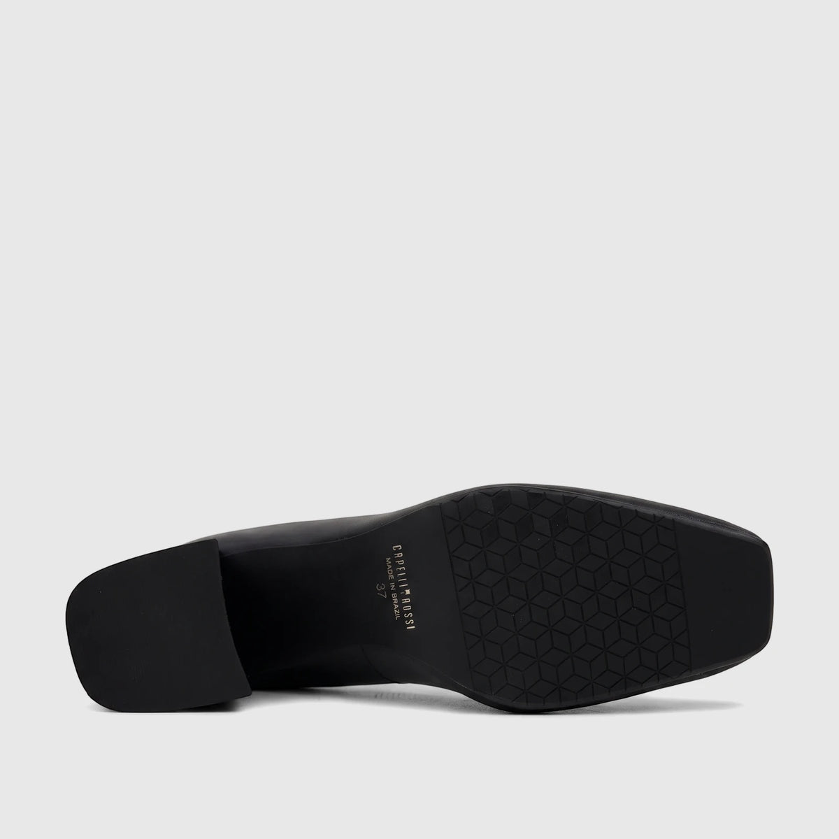Capelli Rossi black leather block heel court shoe, bottom view showing textured sole and heel.