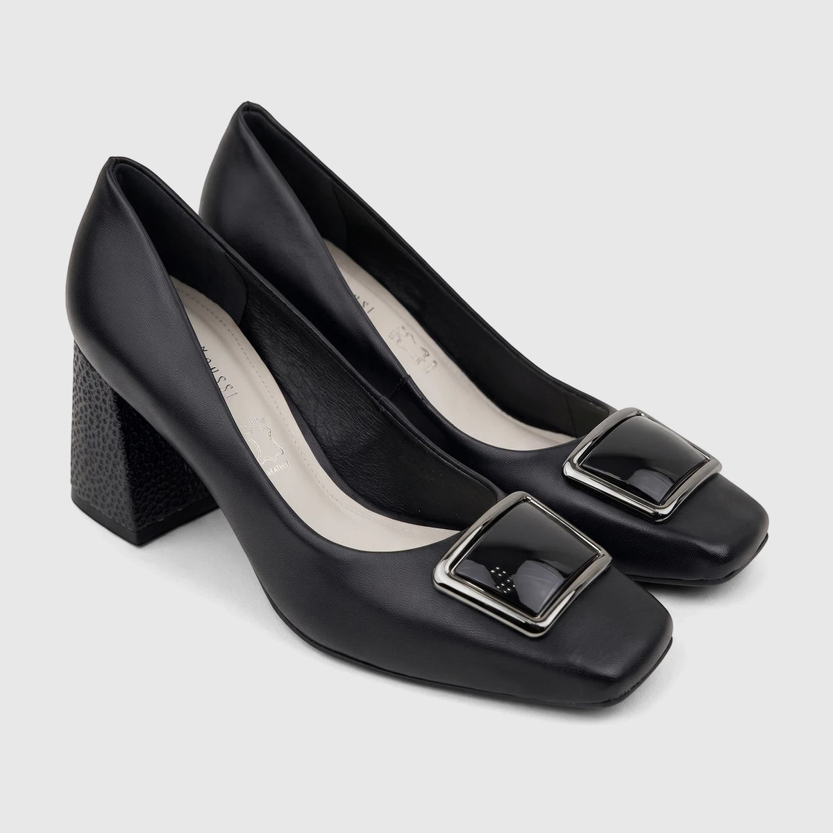 A pair of black Capelli Rossi leather ladies block heel court shoes with square toes and decorative square buckles.