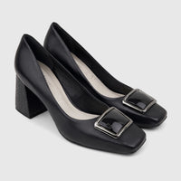 A pair of black Capelli Rossi leather ladies block heel court shoes with square toes and decorative square buckles.