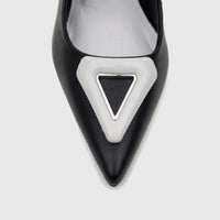Close-up of a black leather Capelli Rossi slingback court shoe with a pointed toe and a white and silver triangular