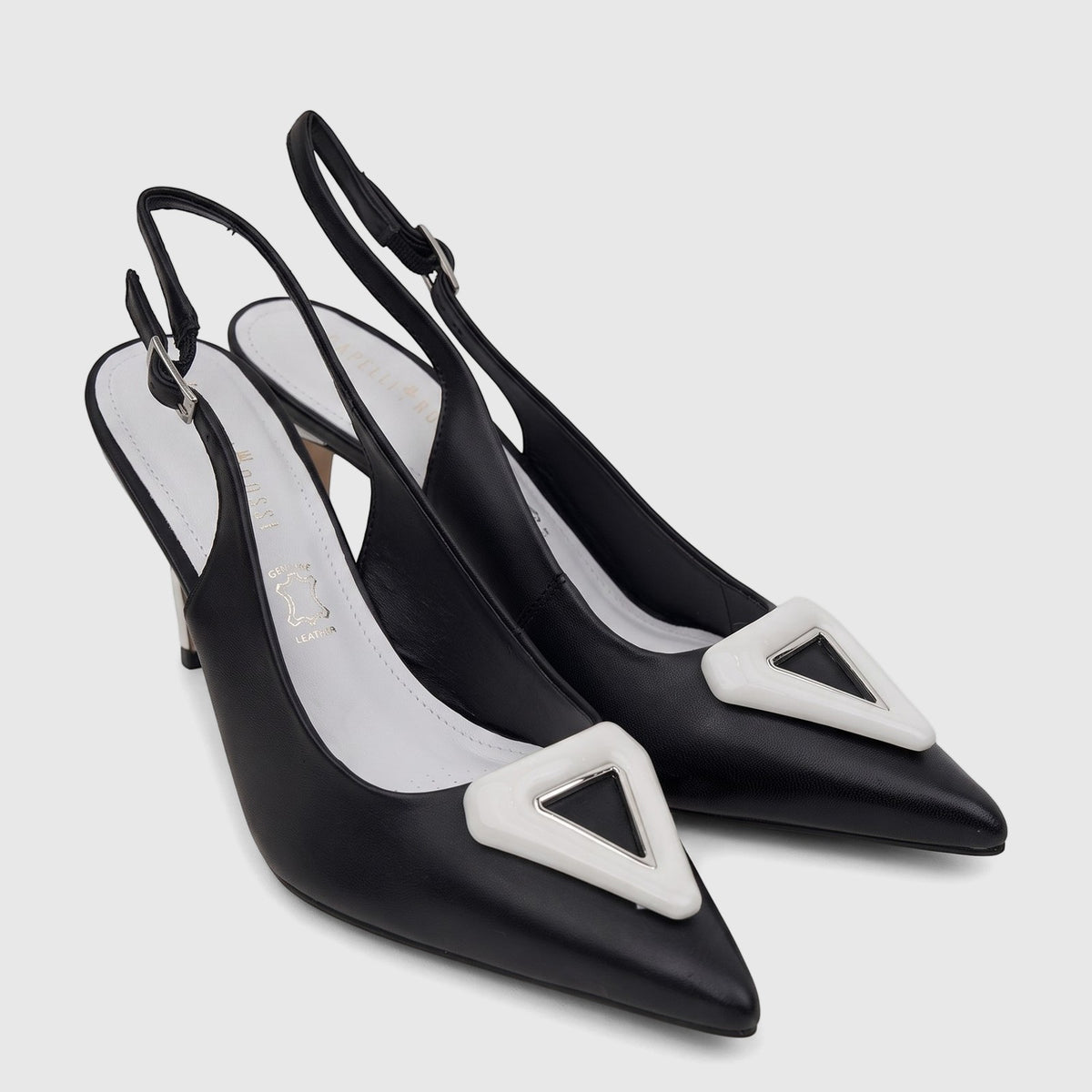 A pair of black leather Capelli Rossi slingback court shoes with pointed toes and distinctive triangular buckles.