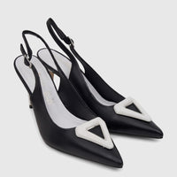 A pair of black leather Capelli Rossi slingback court shoes with pointed toes and distinctive triangular buckles.