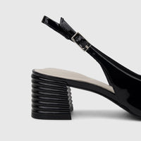 Capelli Rossi black patent leather ladies slingback court shoe with a structured block heel, shown in a side view.