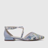 Capelli Rossi blue leather ladies pump with a colorful floral pattern on the toe and an elegant ankle strap, viewed from the