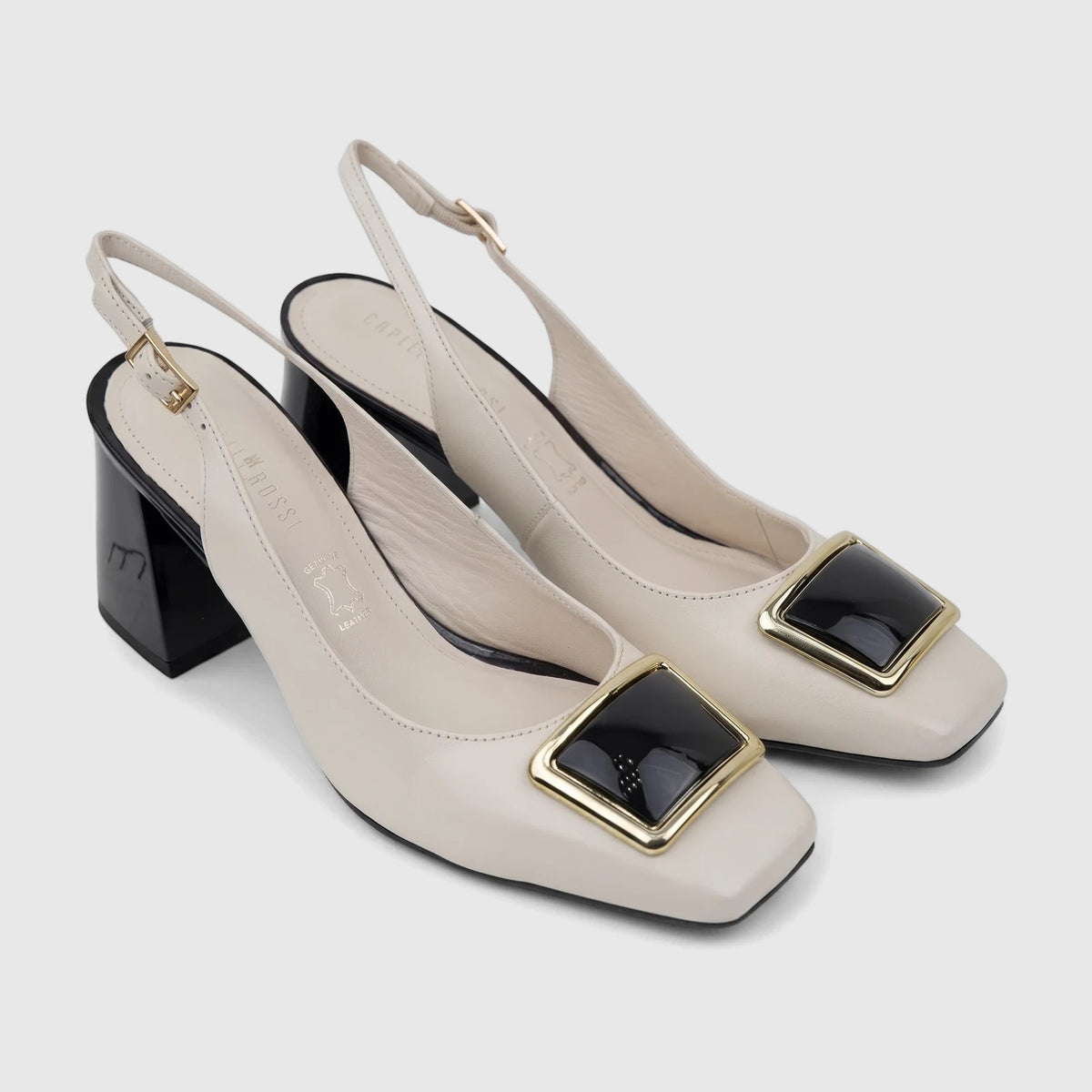 Bone leather Capelli Rossi slingback block heel court shoes with a square toe and prominent gold and black buckle detail.