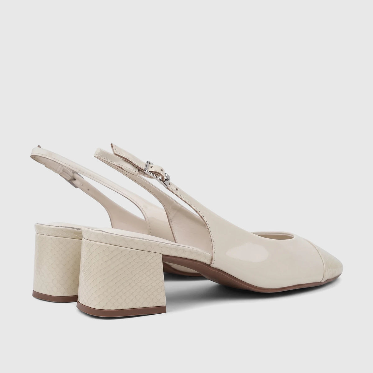Capelli Rossi bone leather ladies slingback block heel court shoes with glossy finish and snakeskin textured toe caps and
