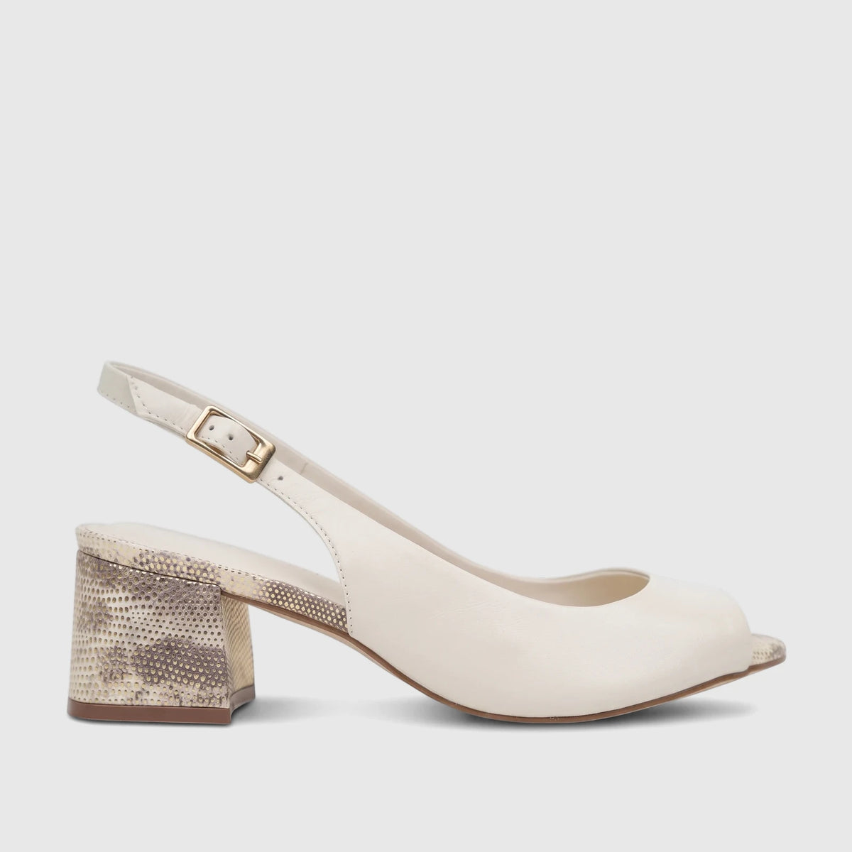 Capelli Rossi bone leather slingback block heel peep toe shoe with snakeskin-textured heel and gold buckle, side view.