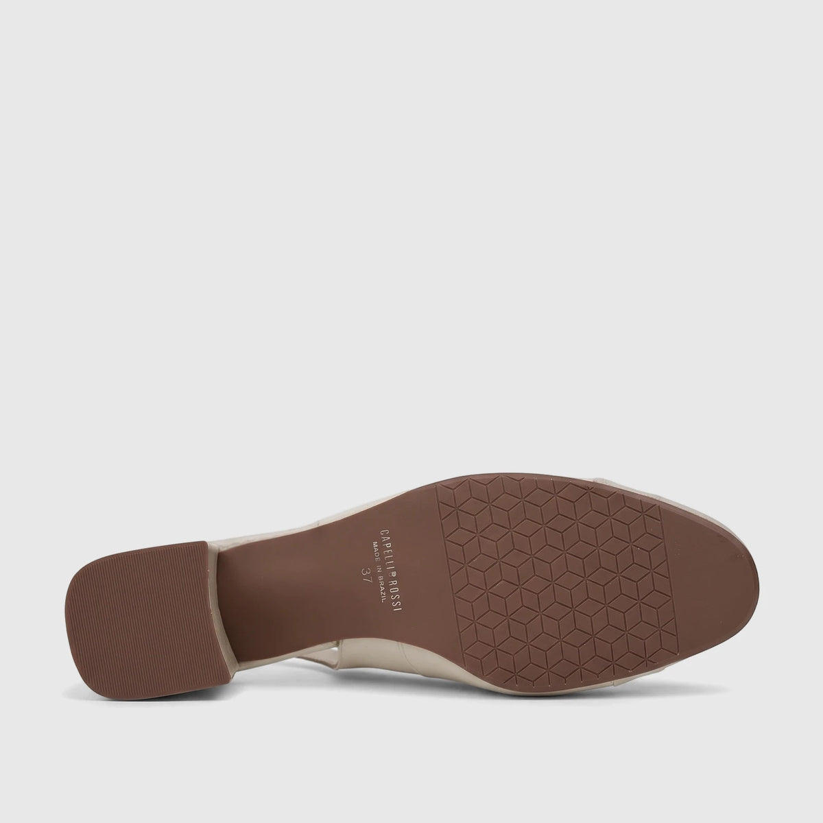 Capelli Rossi bone leather slingback block heel court shoe, showcasing the brown sole with geometric pattern and striped