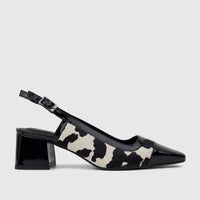 Capelli Rossi 12298 black and white cow hair print leather slingback block heel court shoe, side view.