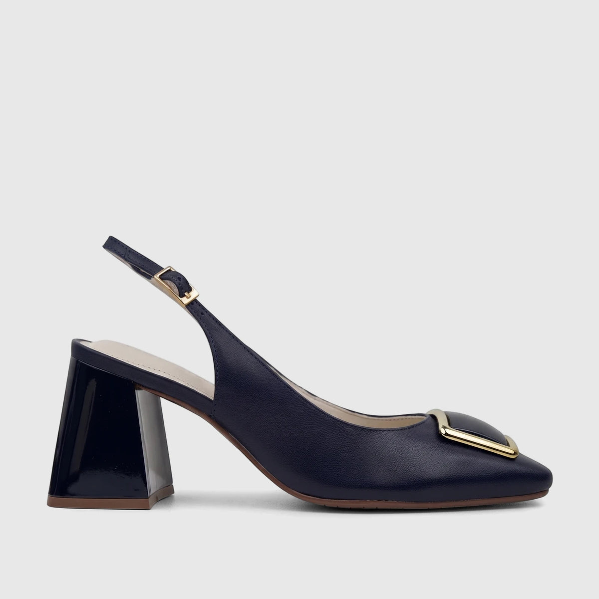 Deep blue leather Capelli Rossi slingback block heel court shoe with a gold buckle detail, viewed from the side.