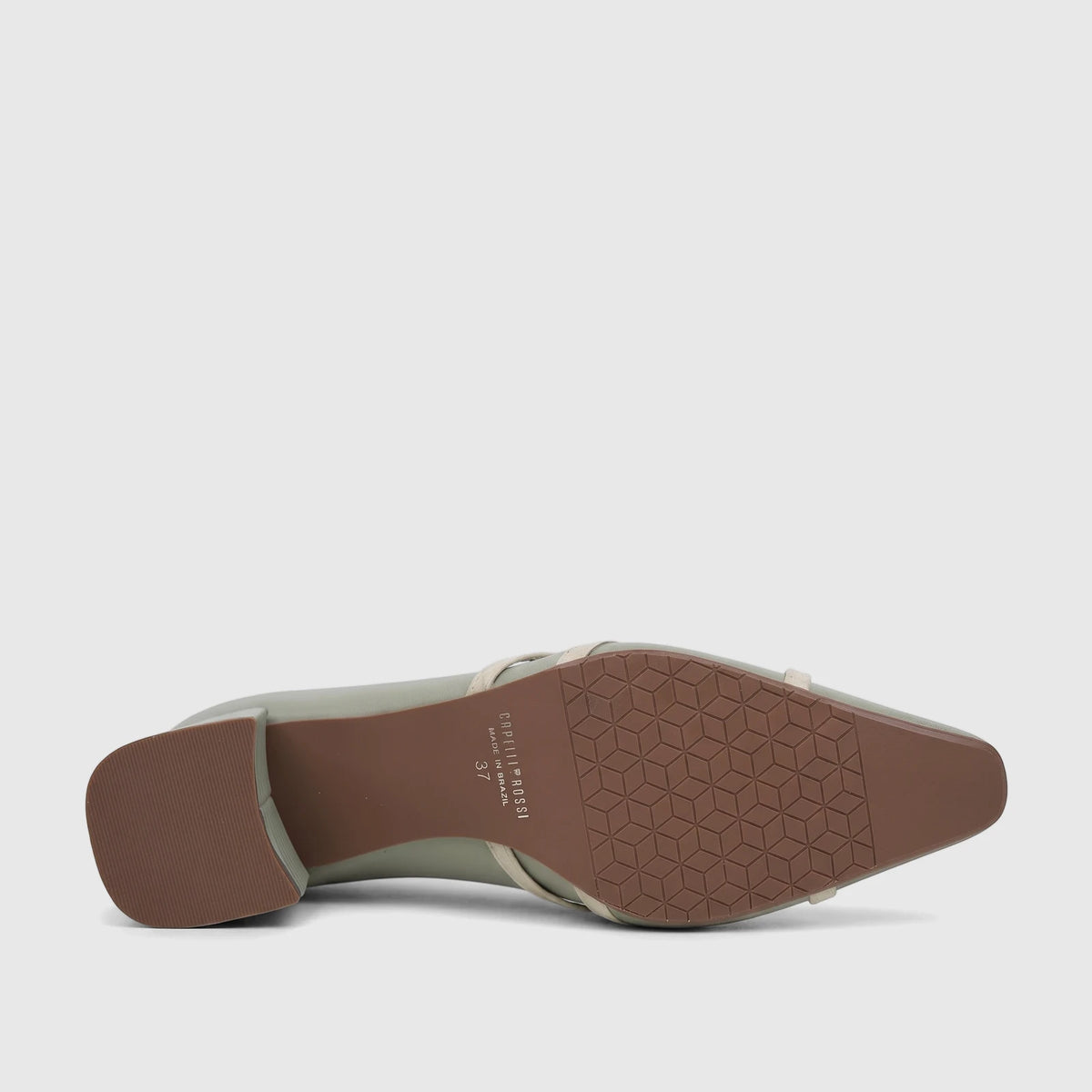 Capelli Rossi green leather block heel court shoe, sole view, showing geometric pattern and branding.