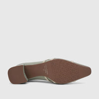 Capelli Rossi green leather block heel court shoe, sole view, showing geometric pattern and branding.