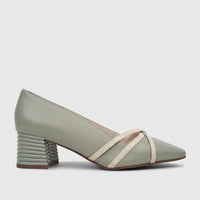 Capelli Rossi green leather ladies block heel court shoe with off-white criss-cross straps and ribbed heel, side view.
