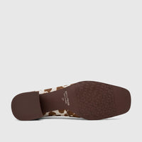 Capelli Rossi Ladies Block Heel Court shoe in brown cow hair print, showcasing the sole with geometric pattern and branding.