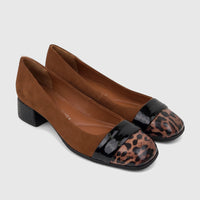 Capelli Rossi Women's 12366 Tan CR91 block heel court shoes in brown suede with black patent and leopard print cap toes.