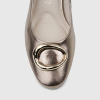 Capelli Rossi Ladies Block Heel Court shoe in metallic gold, featuring a prominent gold-toned irregular buckle on the front