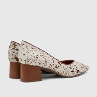 Pair of Capelli Rossi Leather Ladies Block Heel Court shoes in white with brown cowhide pattern, shown from a side view.