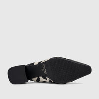 Capelli Rossi Ladies Slingback Block Heel Court shoe in black and white cow hair zebra print, shown from the sole view.
