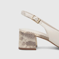 Capelli Rossi Ladies Slingback Block Heel Peep Toe shoe in bone leather, featuring a textured heel and gold buckle.