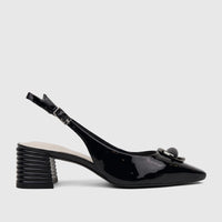 Black patent leather Capelli Rossi Ladies Slingback Block Heel Court shoe, with pointed toe, ribbed block heel, and