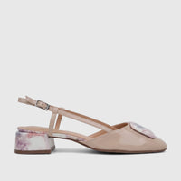 Capelli Rossi Ladies Slingback Low Block Heel Court shoe in nude pink with a marbled block heel, viewed from the side.