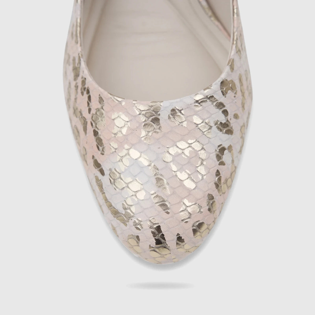 Close-up of a Capelli Rossi Leather Ladies Block Heel Court shoe in nude with gold python print, front toe view.