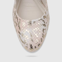 Close-up of a Capelli Rossi Leather Ladies Block Heel Court shoe in nude with gold python print, front toe view.