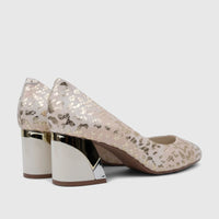 Pair of Capelli Rossi Leather Ladies Block Heel Court 9912 shoes in nude with gold metallic reptile print, shown from a