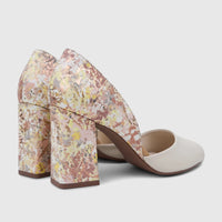 Capelli Rossi Leather Ladies Block Heel Peep Toe Court shoes in beige and gold with a multicolored abstract pattern,