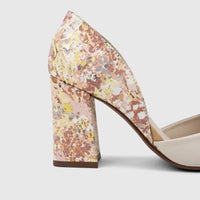 Capelli Rossi leather ladies block heel peep toe court shoe in beige and gold with a distinctive mottled pattern, shown in a