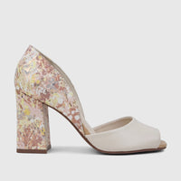 Capelli Rossi leather block heel peep toe court shoe in beige and gold, side view, elegant design.