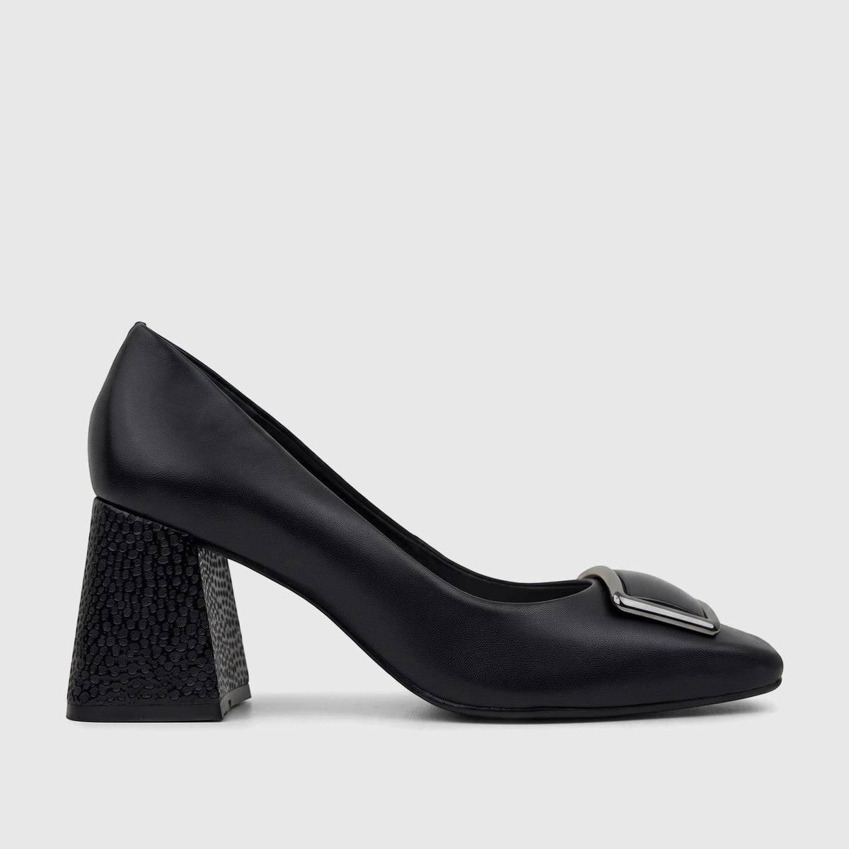 Capelli Rossi Leather Ladies Block Heel Court shoe in black, featuring a textured block heel and a sleek metallic buckle