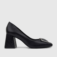 Capelli Rossi Leather Ladies Block Heel Court shoe in black, featuring a textured block heel and a sleek metallic buckle