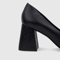 Black leather ladies block heel court shoe by Capelli Rossi, featuring a textured block heel and classic design.