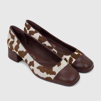 Pair of Capelli Rossi Leather Ladies Block Heel Court 12295 shoes in brown cow hair print with dark leather toe caps and