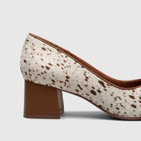 Capelli Rossi Ladies Block Heel Court shoe with white and brown cowhide print upper and solid brown block heel, side view.
