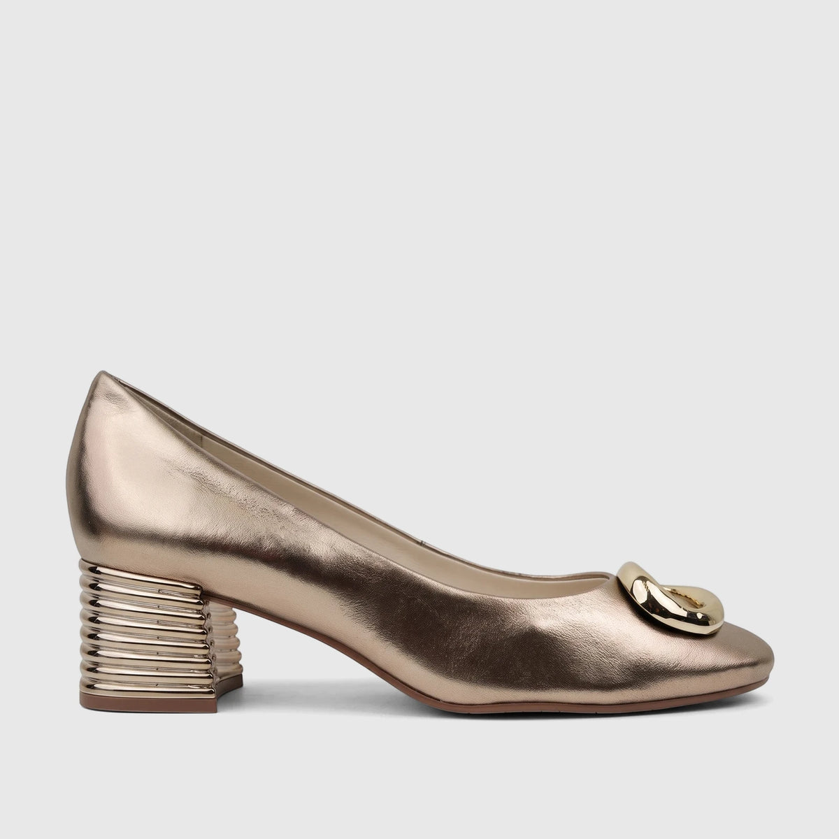 Gold leather Capelli Rossi women's block heel court shoe with a pointed toe and decorative buckle.