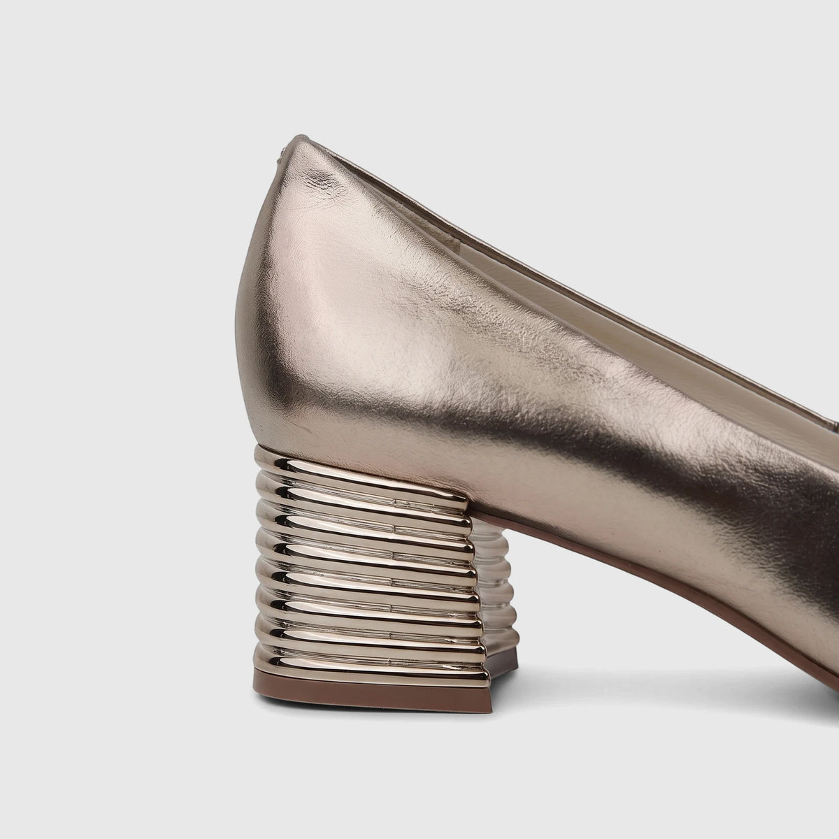 Gold metallic leather Capelli Rossi women's court shoe with a distinctive ribbed block heel, side view.