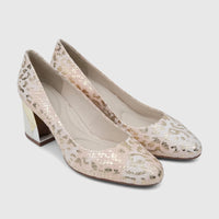 A pair of nude and gold reptile print leather ladies' block heel court shoes with pointed toes.