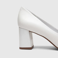 Side view of a white Capelli Rossi leather ladies block heel court shoe, showcasing its contemporary design and sturdy heel.