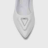 Close-up of a white Capelli Rossi leather ladies block heel court shoe, featuring a pointed toe and a silver triangular