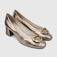 A pair of Capelli Rossi Leather Ladies Block Heel Court 12032 shoes in gold, featuring a decorative gold ring on the vamp
