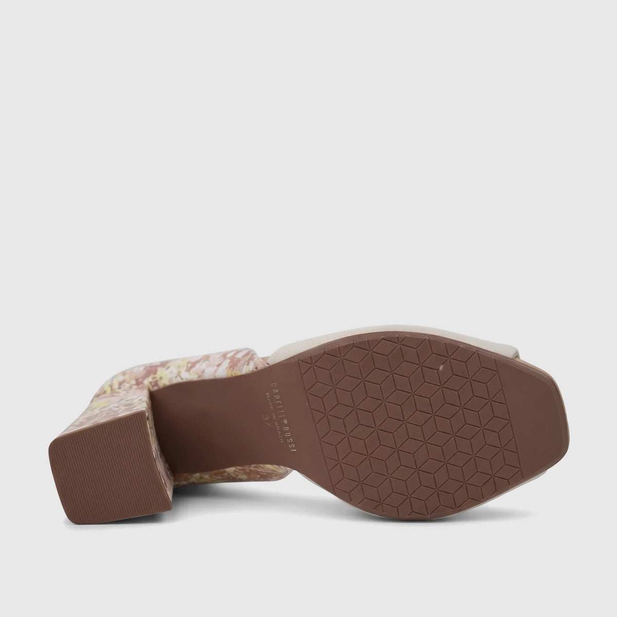 Capelli Rossi leather ladies block heel peep toe court shoe in beige gold, seen from the sole and heel.