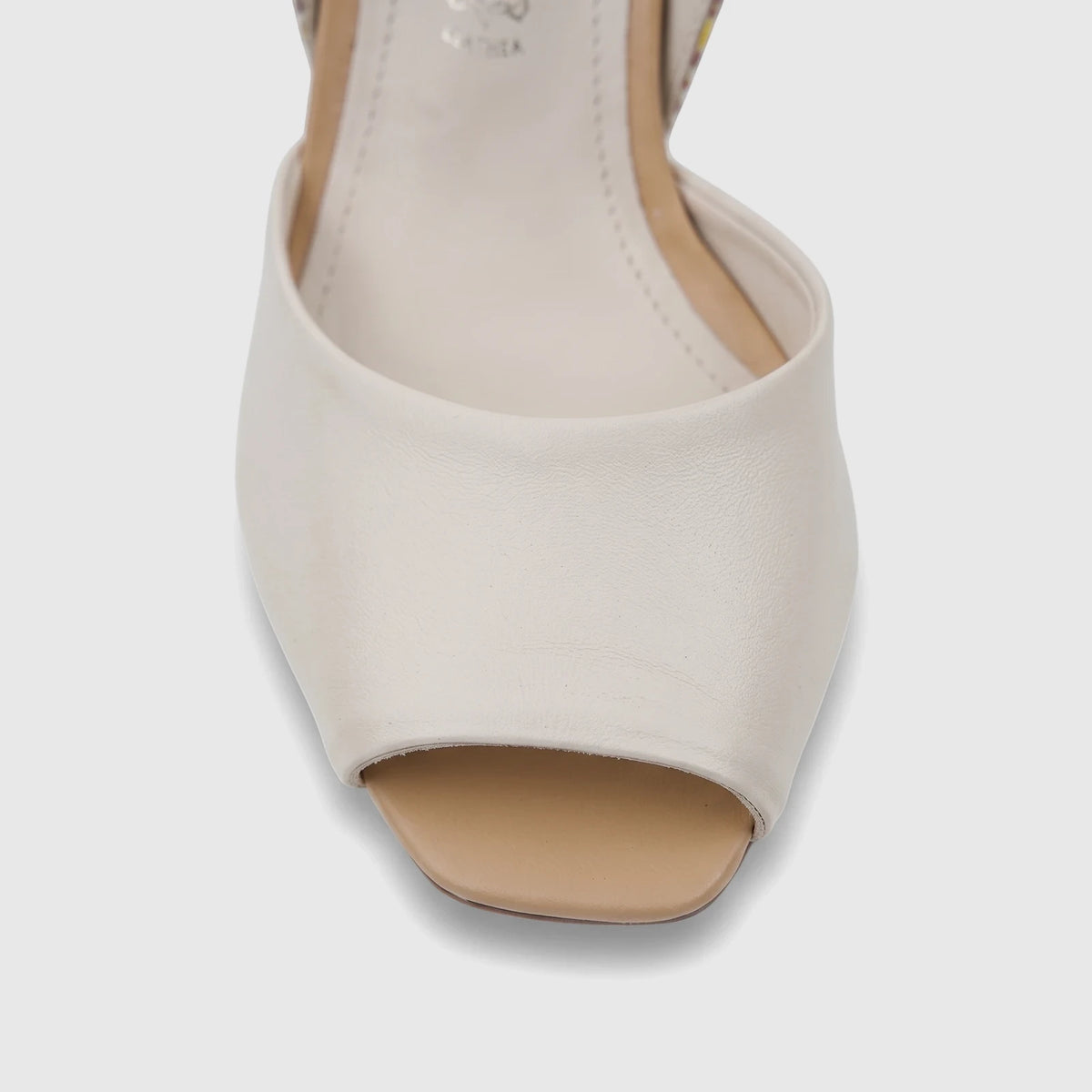 Capelli Rossi Leather Ladies Block Heel Peep Toe Court shoe in beige, showcasing its elegant design and gold accents.