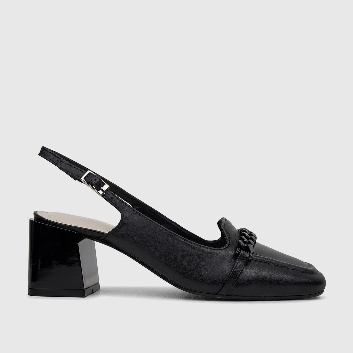 Black leather Capelli Rossi Ladies Slingback Block Heel Court shoe with a square toe and chain detail on the vamp.