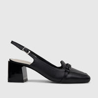 Black leather Capelli Rossi Ladies Slingback Block Heel Court shoe with a square toe and chain detail on the vamp.